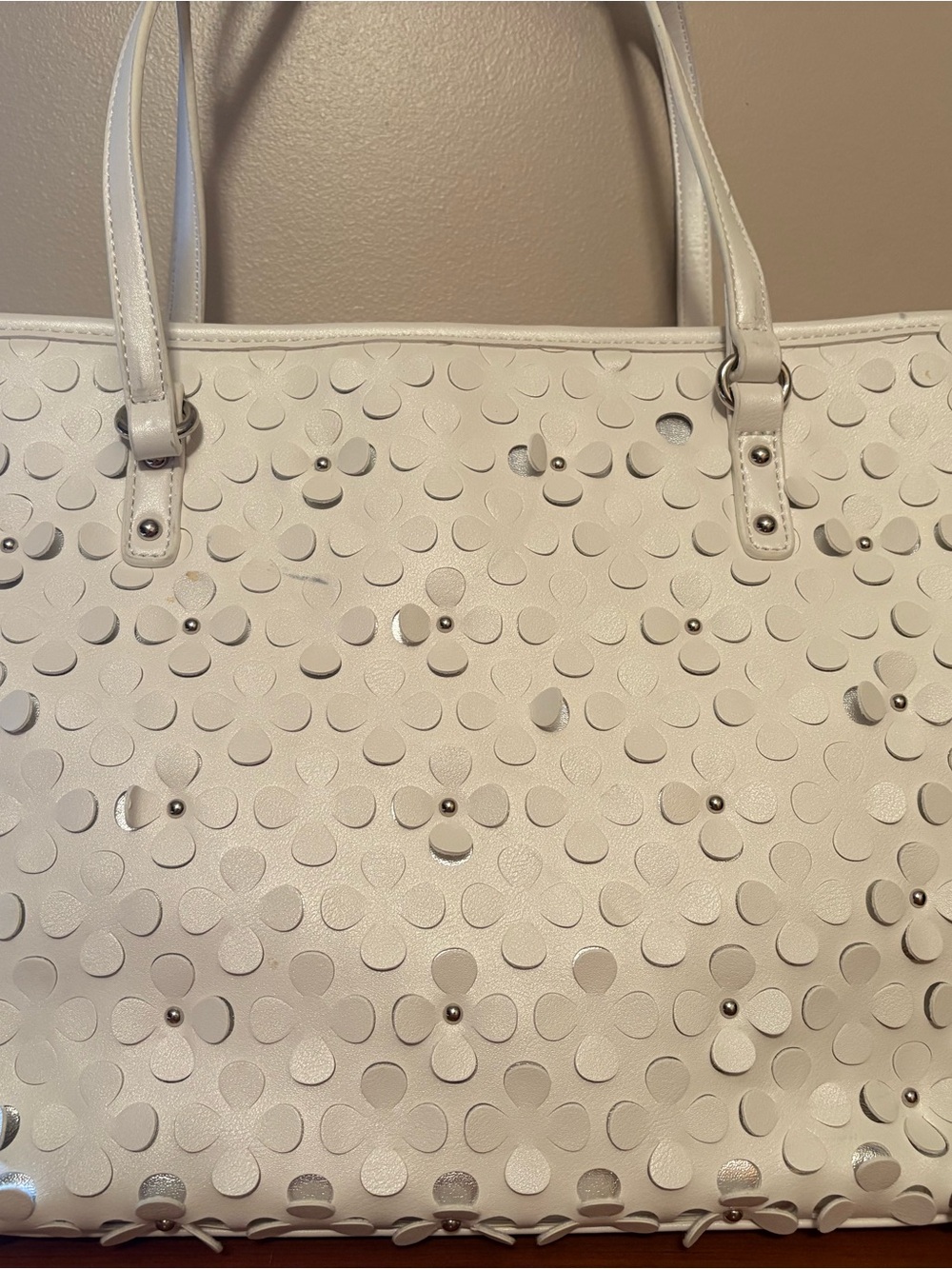Nine West White Floral Cutout Studded Tote